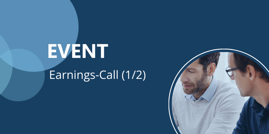 Event Earnings-Call (1/2), Bild von zwei Männern im Gespräch, blaue Kreiselemente im Design.