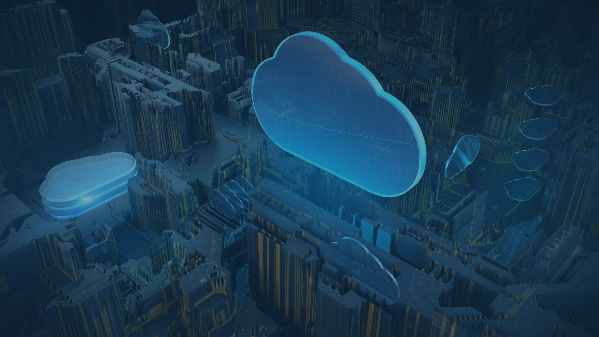 Visualisierung einer europäischen Cloud-Infrastruktur in einem urbanen, technologischen Kontext. 3D-Darstellung einer digitalen Stadtlandschaft mit leuchtenden Cloud-Symbolen, die Cloud-Computing und Dateninfrastruktur symbolisieren.