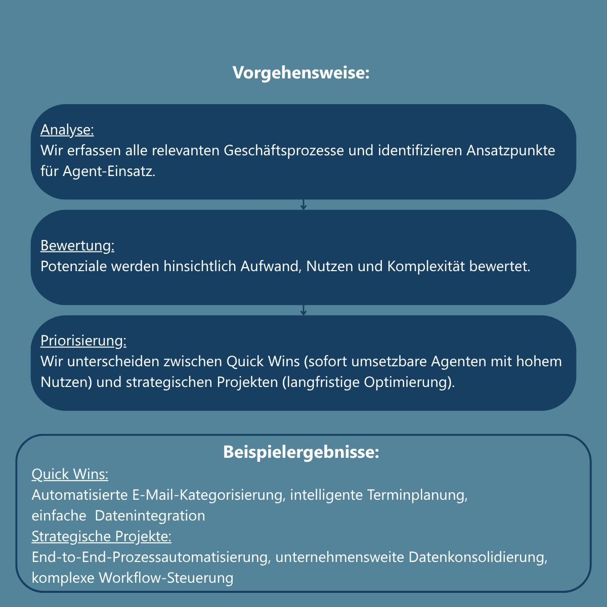 Darstellung der Vorgehensweise von Analyse über Bewertung bis Priorisierung mit Beispielen für Quick Wins und strategische Projekte.
