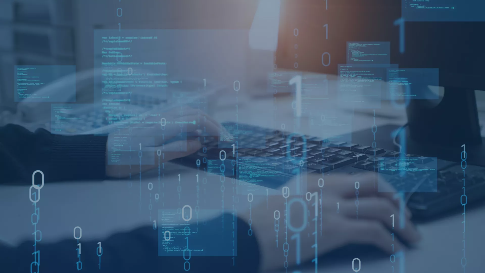 Person arbeitet am Computer in einer modernen IT-Umgebung; über dem Bild liegen transparente Codezeilen und Binärcode. Symbolisiert Digitalisierung, Automatisierung und den strategischen Einsatz von IT als Wachstumstreiber im Mittelstand – im Fokus: moderne Lösungen wie Microsoft Dynamics 365 und die Unterstützung durch erfahrene Microsoft-Partner wie audius.