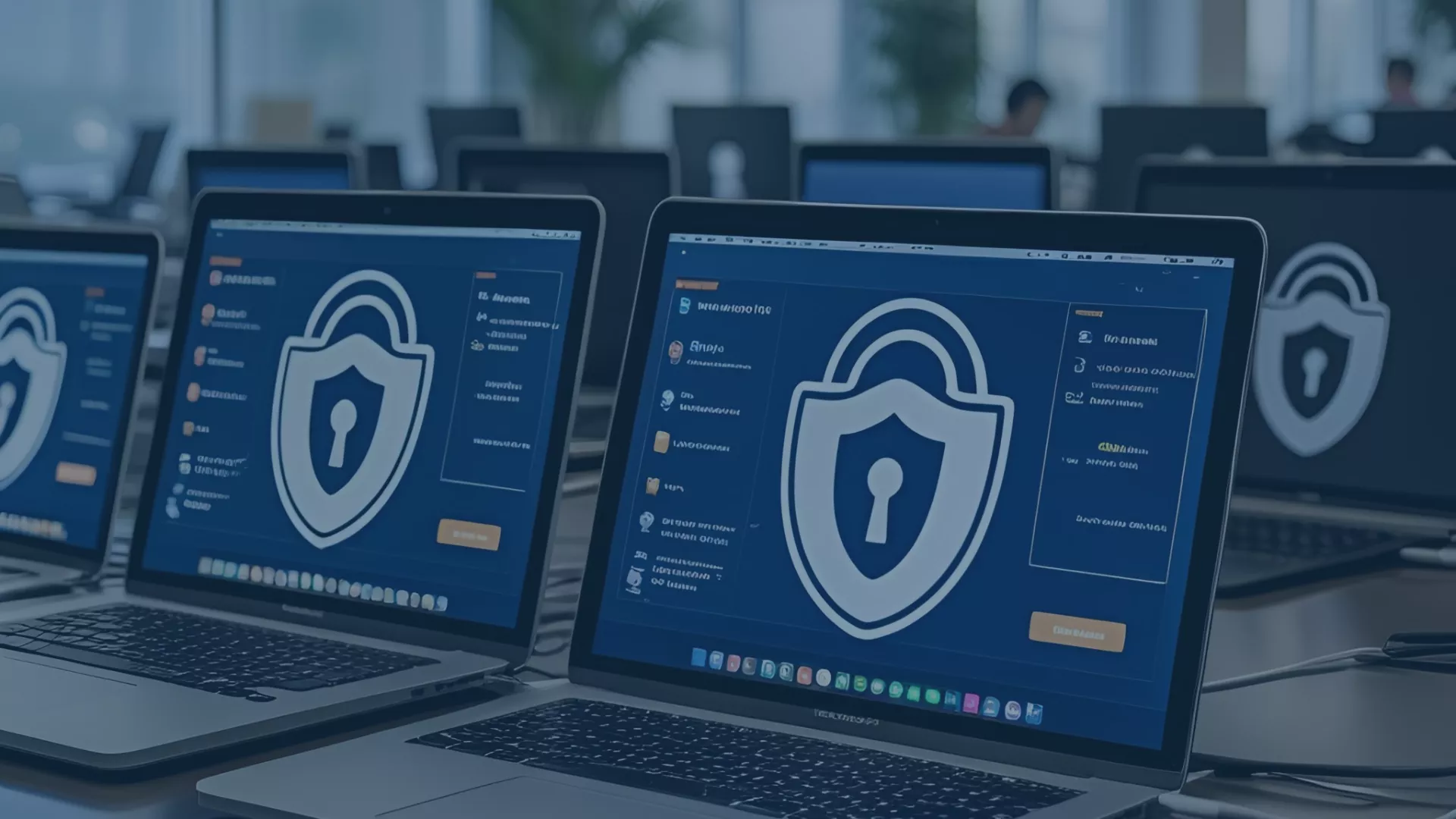 Mehrere geöffnete Laptops stehen in einem modernen Büro auf Tischen. Auf den Bildschirmen ist ein großes Sicherheitssymbol in Form eines Vorhängeschlosses zu sehen, das eine Schutzsoftware oder Cybersicherheitsanwendung darstellt. Die Umgebung ist professionell, mit weiteren Arbeitsplätzen im Hintergrund.