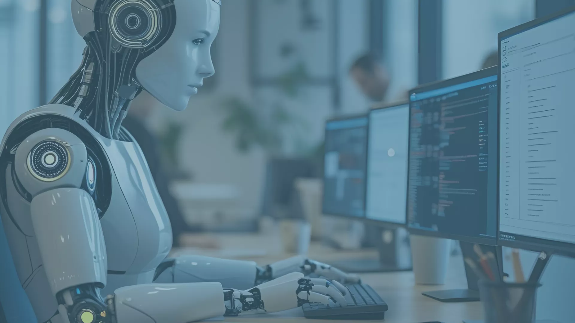 Visualisierung eines modernen IT-Service-Desks mit symbolischer Darstellung von KI, Chatbots und Predictive Analytics. Die Grafik spiegelt zentrale Themen wie Automatisierung, Self Service, Anomalie-Erkennung und Auto Remediation im IT-Support wider.