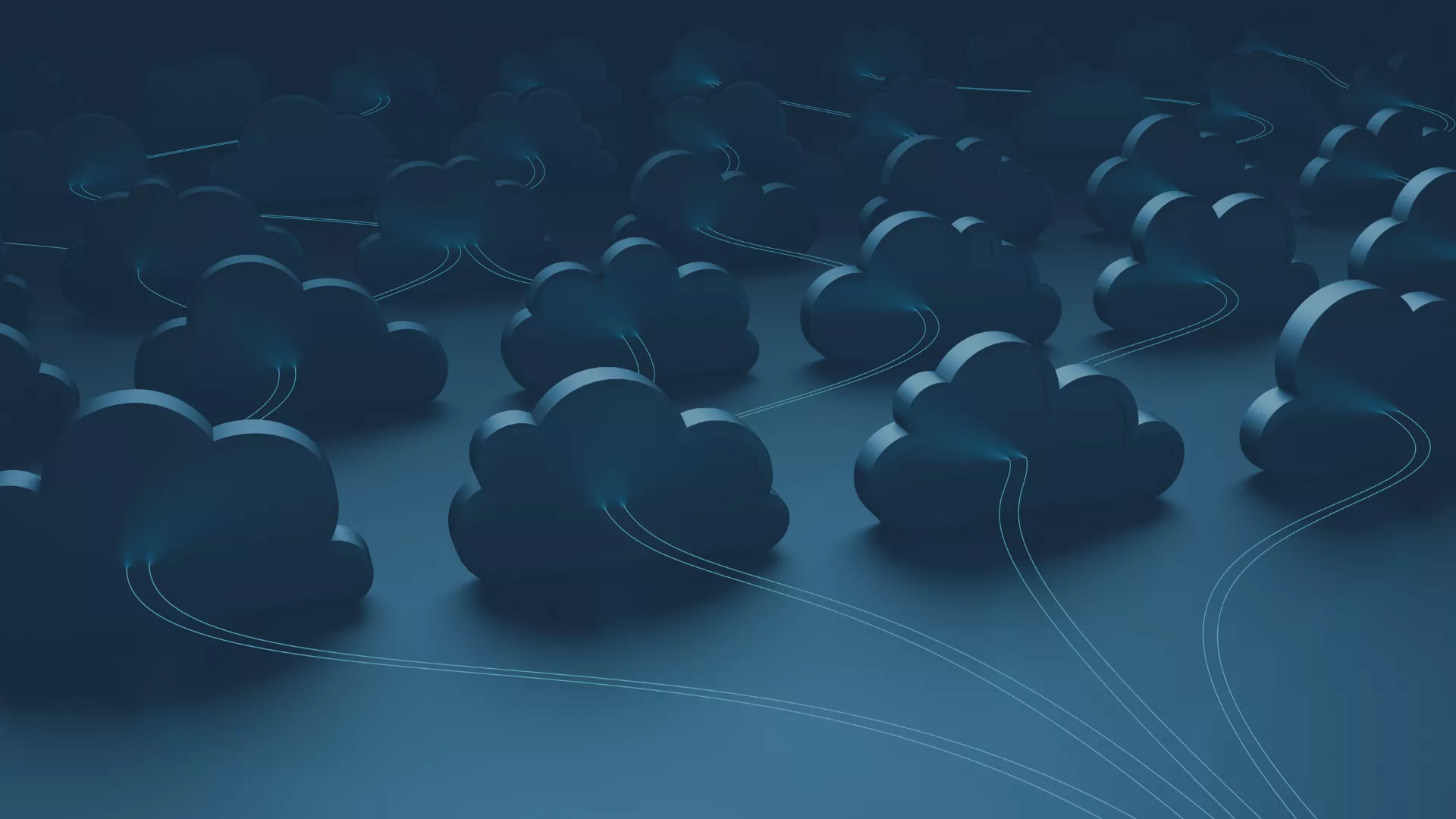 Symbolische Darstellung von Cloud-Computing und vernetzten Cloud-Diensten: Mehrere stilisierte Wolkensymbole, die durch Datenströme miteinander verbunden sind. Das Bild illustriert die Notwendigkeit von Governance in der Cloud, um Sicherheit, Compliance und Kostenkontrolle sicherzustellen, wie sie durch Microsoft Azure Policy und ergänzende Governance-Mechanismen umgesetzt werden können.