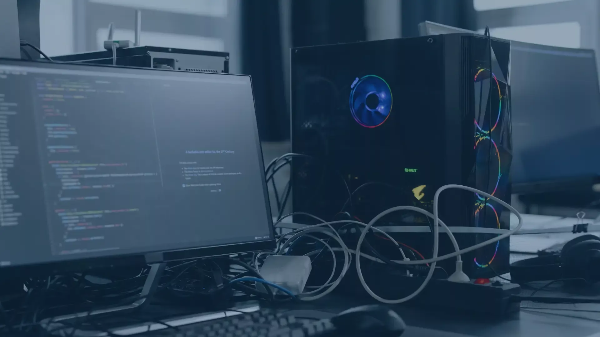 Arbeitsumgebung mit Monitoren und einem Desktop-PC mit leuchtenden Lüftern; auf dem Bildschirm ist Programmcode zu sehen – Symbolbild für moderne Cloud- und DevOps-Umgebungen, Infrastructure-as-Code und automatisierte Plattformentwicklung im Rahmen des Platform Engineerings und der AWS Landing Zone.