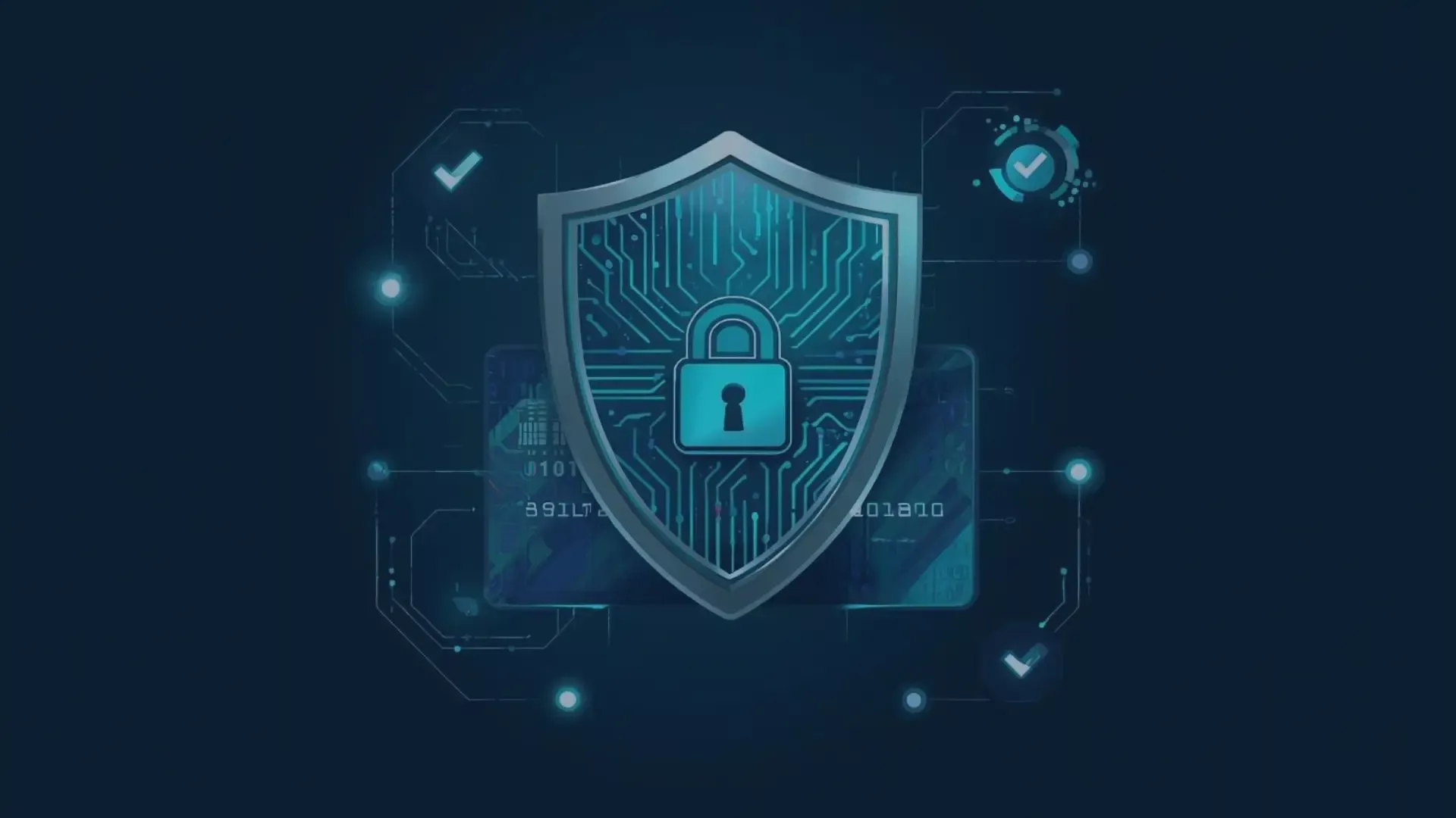 Grafische Darstellung eines digitalen Schutzschilds mit einem Schloss-Symbol in der Mitte, das Cybersicherheit und Datenschutz symbolisiert. Im Hintergrund sind abstrakte Schaltkreise, Datenstrukturen und Häkchen-Symbole zu sehen, die für IT-Security, Compliance und die Einhaltung von PCI DSS 4.0 Standards stehen.