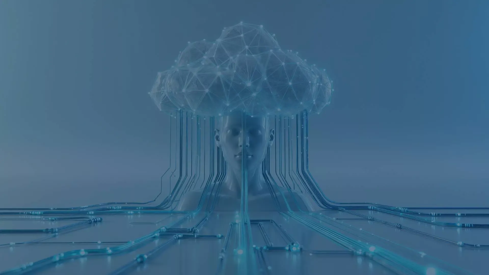Kopf einer futuristischen Roboterfrau mit einer Wolke auf dem Kopf, aus der digitale Linien strahlen, symbolisiert Künstliche Intelligenz, Cloud Computing und vernetzte Technologien.