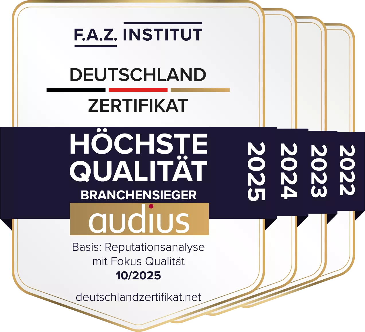 F.A.Z.-Institut Qualitätssiegel „Höchste Qualität“ für audius, Branchensieger 2022–2025, basierend auf einer Reputationsanalyse.