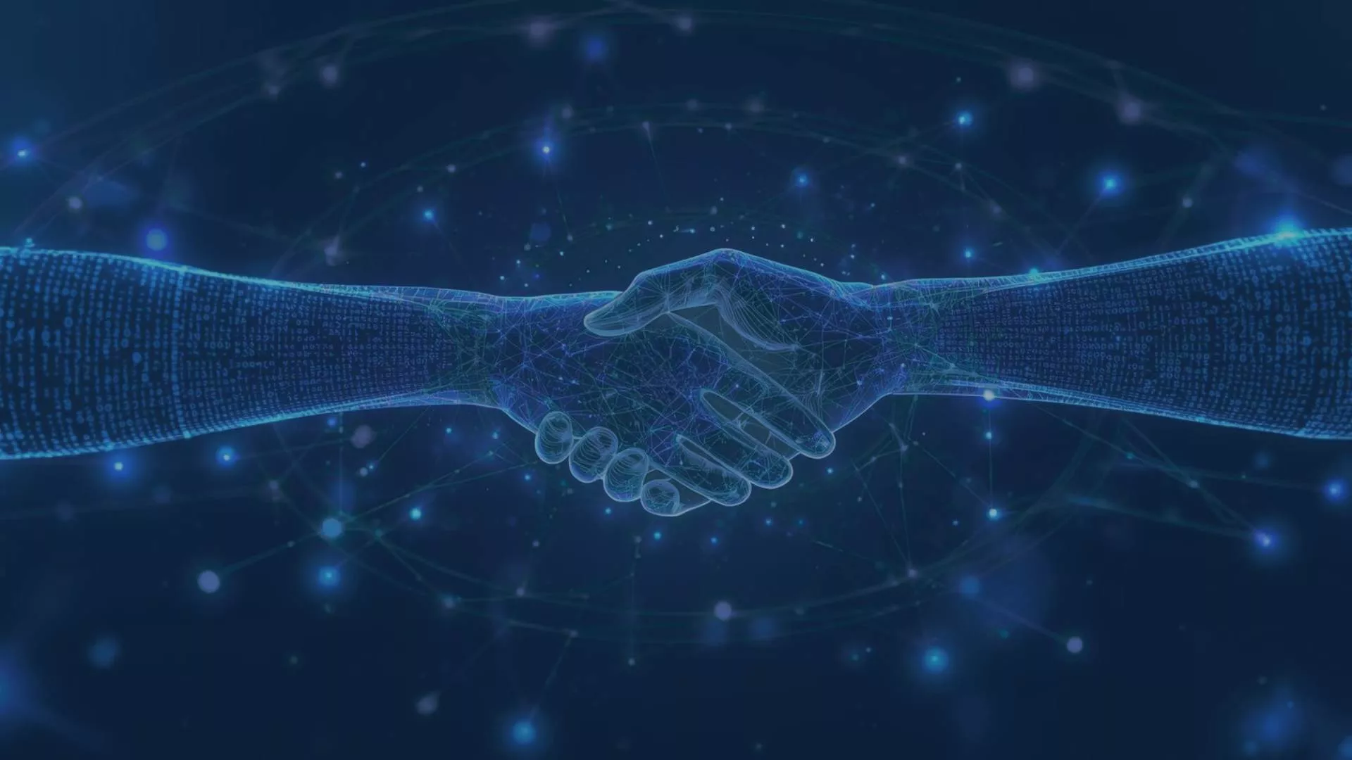 Digitale Darstellung eines Händedrucks aus vernetzten Datenpunkten symbolisiert Vertrauensbeziehungen in der IT-Sicherheit