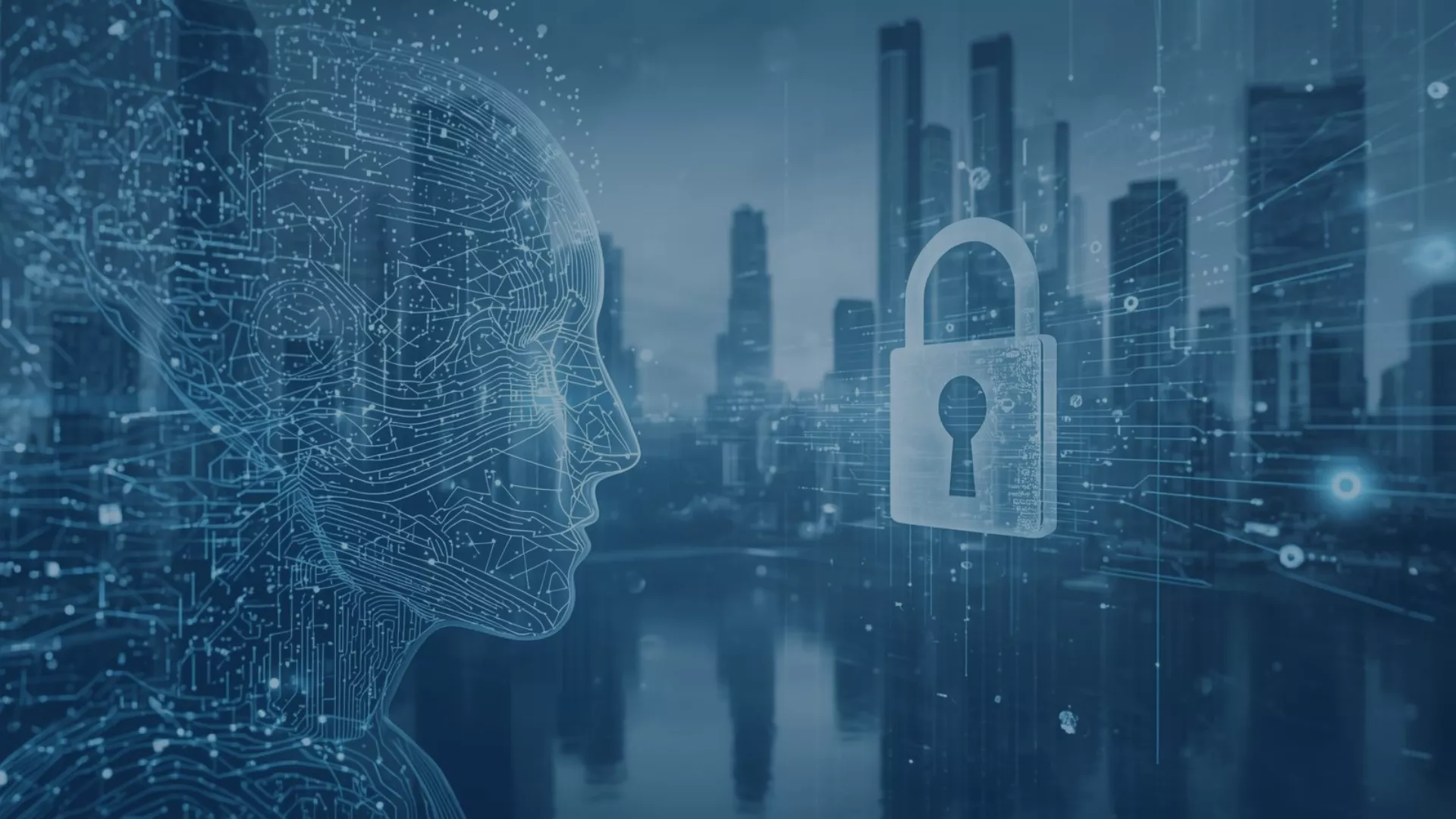 Symbolische Darstellung einer datenschutzkonformen KI im öffentlichen Raum: Ein digitaler Kopf aus Linien blickt auf ein Schloss-Symbol vor einer Stadtlandschaft. Das Bild steht für den ‚Digitalen Begleiter‘ in Ulm