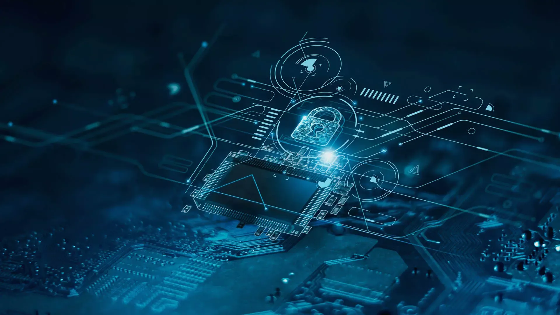 Digitale Sicherheitsarchitektur mit Schloss-Symbol auf Mikrochip – PCI DSS Penetrationstest und IT-Security für Unternehmen