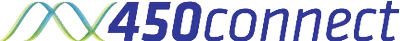 450connect Unternehmenslogo: Blauer Schriftzug mit einer geschwungenen Wellen-Grafik in Grün- und Blautönen auf dunklem Hintergrund.