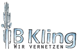 B Kling Unternehmenslogo Blaue Schriftart „B Kling“ mit einem stilisierten Sendemast links und dem Slogan „WIR VERNETZEN“ auf schwarzem Hintergrund.