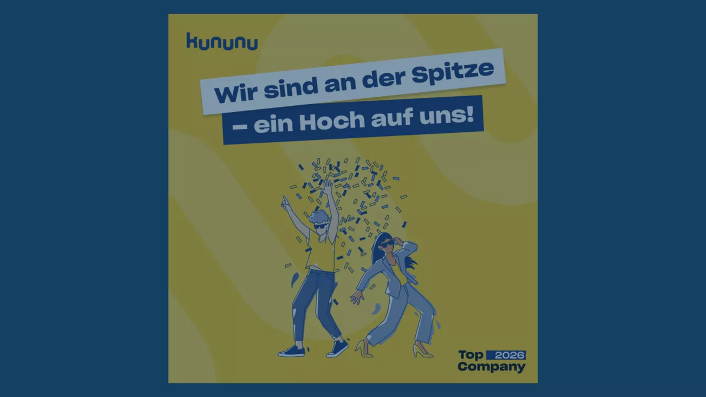 Illustration zur kununu-Auszeichnung „Top Company 2026“: Zwei stilisierte Mitarbeitende feiern unter Konfetti, darüber der Schriftzug „Wir sind an der Spitze – ein Hoch auf uns!“. Das Motiv steht für Teamgeist, Wertschätzung und audius als ausgezeichneten Top-Arbeitgeber.