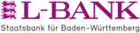 L-Bank Logo in Violett mit dem Wappen von Baden-Württemberg (drei Löwen) und dem Untertitel Staatsbank für Baden-Württemberg