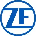 Blaues ZF Markenzeichen in einem kreisförmigen Logo-Design auf weißem Grund