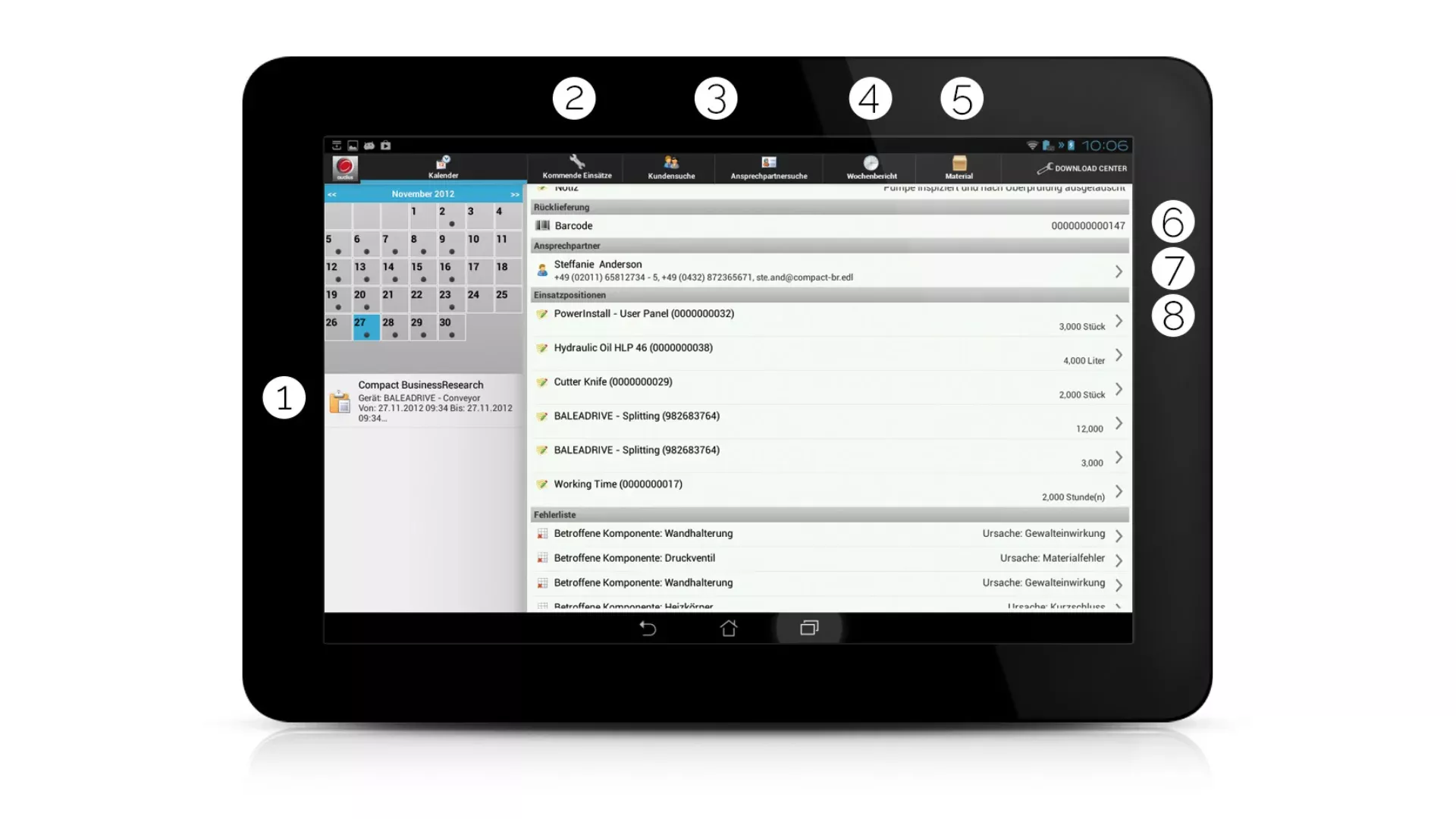 Tablet-Ansicht der audius Mobility Platform im Kundendienst; zeigt einen Kalender, Einsatzdetails, Ansprechpartner und Materialpositionen für Serviceeinsätze.