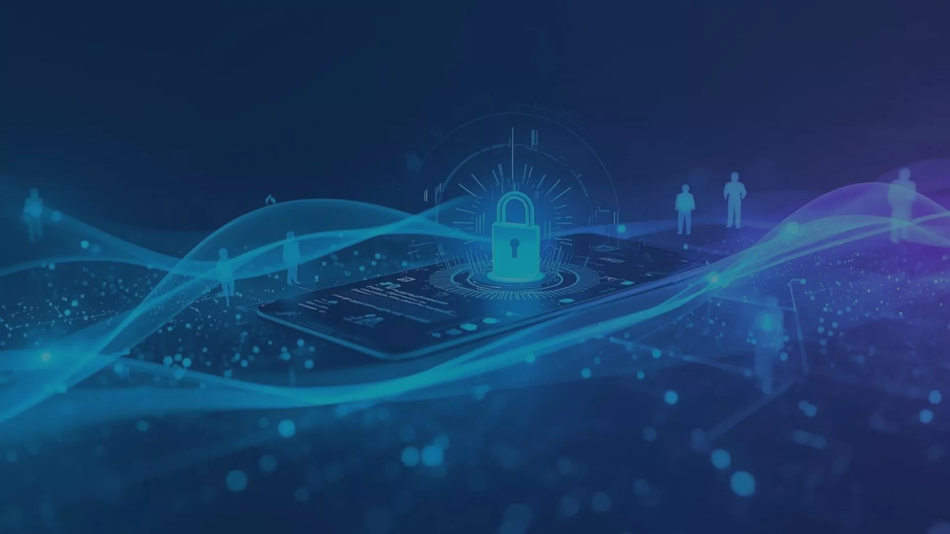 Digitale Sicherheit 2026: Adaptive App Security und KI-basierter Schutz vor Cyberangriffen – Visualisierung einer vernetzten, sicheren digitalen Zukunft mit Symbolen für Datenschutz, Verschlüsselung und globale Vernetzung