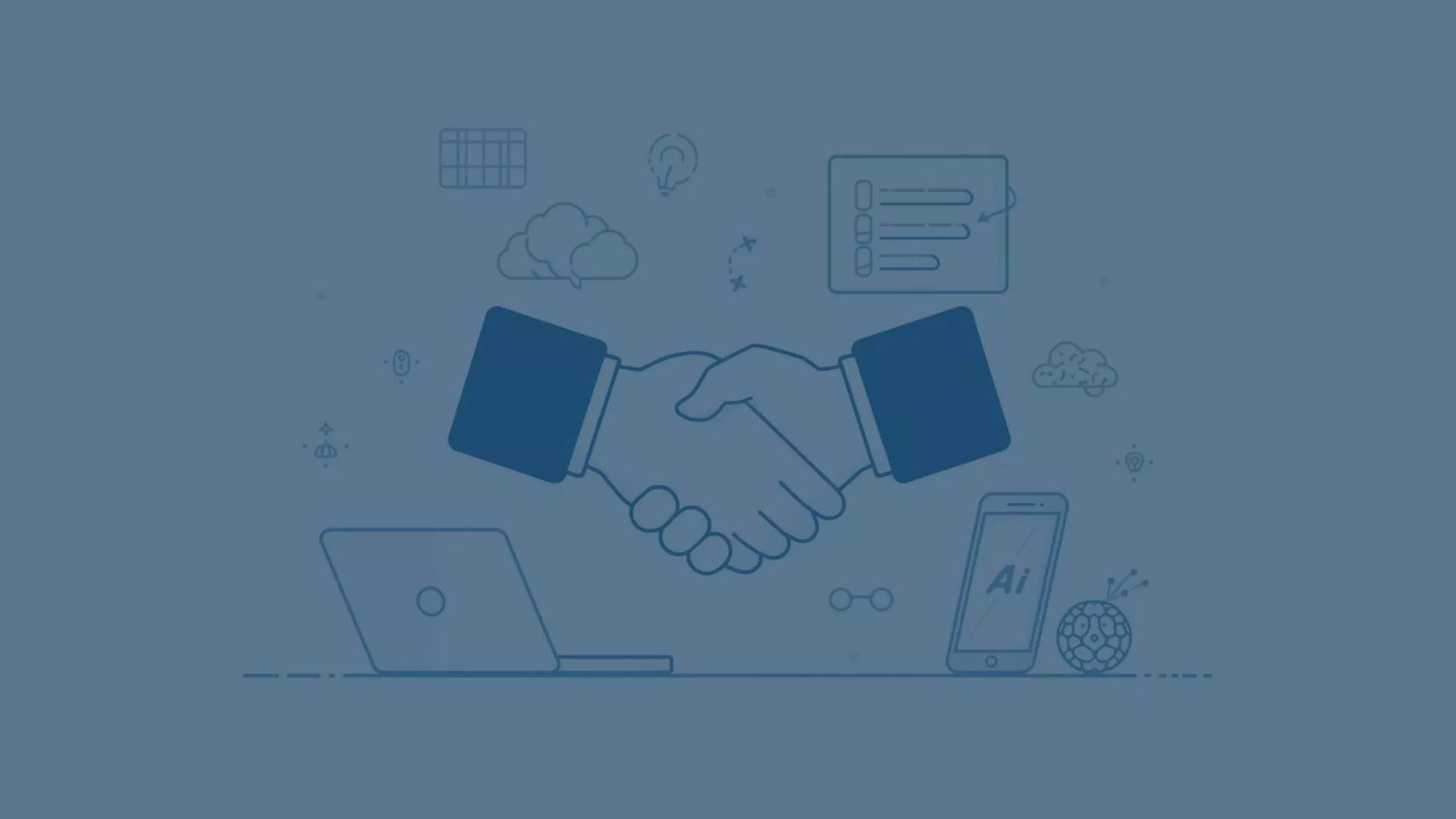 Zwei Hände, die sich zum Handschlag vereinen, symbolisieren die erfolgreiche Integration von KI im Vertrieb mit Microsoft Dynamics 365 Sales. Im Hintergrund sind digitale Elemente wie Clouds, Laptops, Smartphones und KI-Symbole abgebildet, die die Vernetzung, Automatisierung und datengestützte Arbeitsweise im Vertrieb verdeutlichen. Die Lösung hilft, verstreute Informationen zu bündeln, Prozesse zu automatisieren und den Vertrieb durch KI-gestützte Empfehlungen effizienter und transparenter zu gestalten.