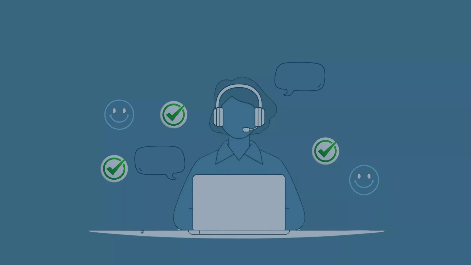 First Contact Resolution (FCR) im Kundenservice: Illustration eines Service-Mitarbeiters mit Headset am Laptop, umgeben von Symbolen für Kundenzufriedenheit, Effizienz und Problemlösung beim ersten Kontakt – Schlüssel für nachhaltige Kundenbindung und Prozessoptimierung