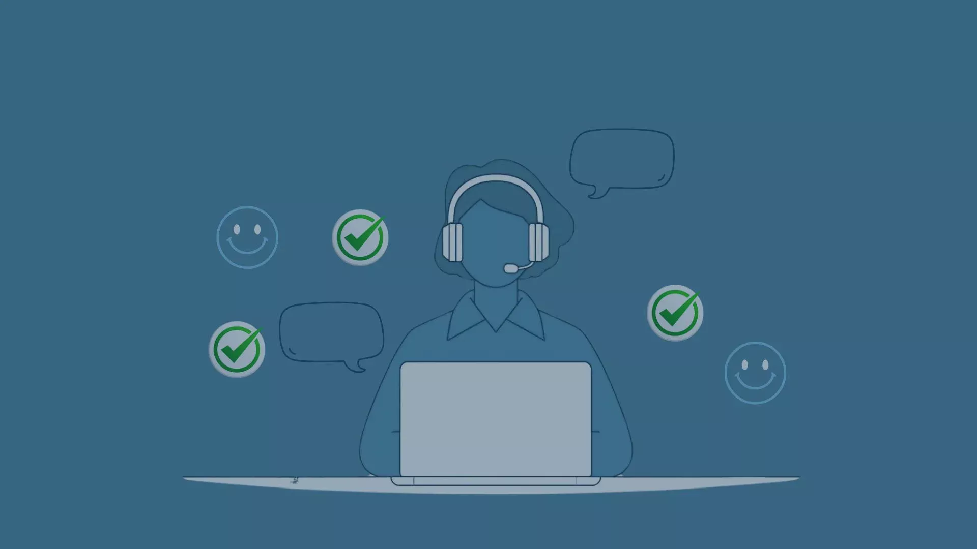 First Contact Resolution (FCR) im Kundenservice: Illustration eines Service-Mitarbeiters mit Headset am Laptop, umgeben von Symbolen für Kundenzufriedenheit, Effizienz und Problemlösung beim ersten Kontakt – Schlüssel für nachhaltige Kundenbindung und Prozessoptimierung