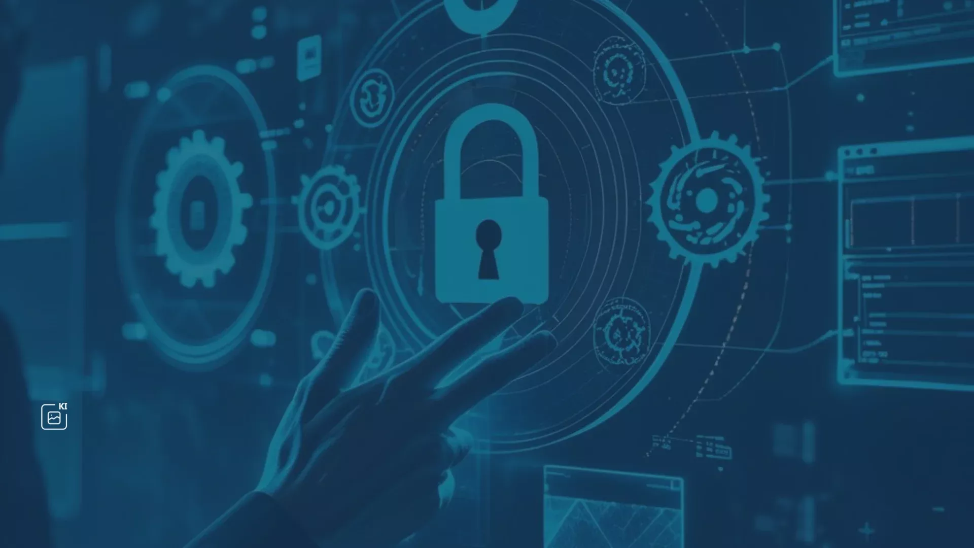 Eine Hand berührt ein digitales Schloss-Symbol auf einem futuristischen, blauen Technologie-Hintergrund mit Zahnrädern, Kreisen und Code-Elementen, die digitale Infrastruktur und KI-Sicherheit symbolisieren