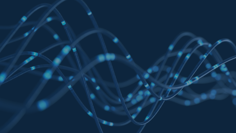 Visualisierung von Datenmigration: Mehrere geschwungene Linien mit leuchtenden Punkten symbolisieren die nahtlose und sichere Übertragung von Datenströmen bei einer Tenant-to-Tenant Migration in Microsoft 365.