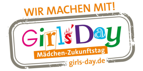 Logo Girls’ Day, Mädchen-Zukunftstag, bunte Schrift auf weißem Hintergrund mit Rahmen.