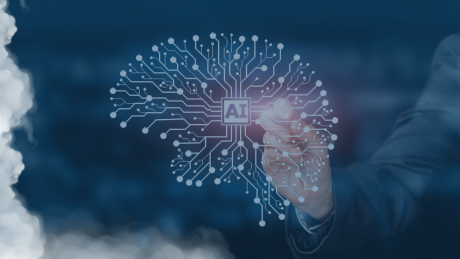 KI in Unternehmen: Chancen für den Mittelstand durch Public Cloud | audius Geschäftsperson zeigt auf leuchtende KI-Schaltkreis-Visualisierung mit Gehirn-Motiv und zentralem AI-Chip – künstliche Intelligenz und digitale Transformation im Mittelstand