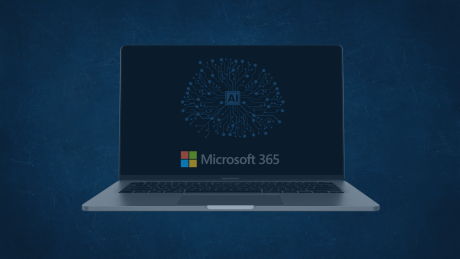 Microsoft 365 Copilot Agents: ROI Analyse und Potenzialmaximierung mit audius Laptop mit Microsoft-365-Logo und KI-Symbol auf dem Bildschirm vor blauem Hintergrund. Symbolisiert die Einführung von Microsoft 365 Copilot und die Potenziale durch Copilot Agents sowie ROI-Analysen für gesteigerte Produktivität und Effizienz.