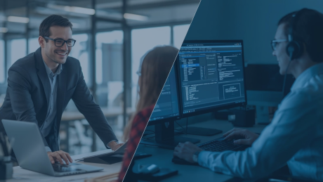 Der hybride IT-Helpdesk: Onsite- und Remote-Support intelligent verzahnen | audius Ein Business-Mitarbeiter im modernen Büro spricht mit einer Kollegin, während auf der rechten Bildhälfte ein IT-Support-Spezialist an mehreren Monitoren arbeitet. Das Bild symbolisiert den hybriden IT-Helpdesk – die Verbindung von Vor-Ort- und Remote-Support – und steht für effiziente, skalierbare und sichere IT-Services im Rahmen der digitalen Transformation von Unternehmen