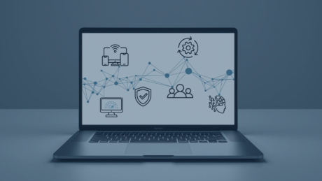 audius SmartWorkline – Ihr digitaler Arbeitsplatz, der Menschen, Tools und Prozesse intelligent und sicher verbindet Illustration eines Laptops mit Symbolen für den digitalen Arbeitsplatz: Vernetzte Geräte, Sicherheit, Kollaboration, KI, Prozesse, und Menschen – repräsentiert die intelligente Verbindung von Technologie, Sicherheit und Teamarbeit für einen modernen, effizienten und zukunftssicheren Arbeitsplatz.