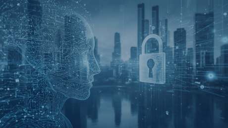 KI-Projekte datenschutzkonform umsetzen: Digitaler Begleiter in Ulm | audius Symbolische Darstellung einer datenschutzkonformen KI im öffentlichen Raum: Ein digitaler Kopf aus Linien blickt auf ein Schloss-Symbol vor einer Stadtlandschaft. Das Bild steht für den ‚Digitalen Begleiter‘ in Ulm