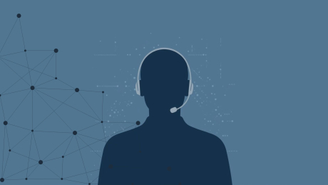 Change-Prozesse erfolgreich begleiten: Der Service Desk als Enabler digitaler Transformation Das Bild zeigt die Silhouette einer Person mit Headset vor einem abstrakten, technologisch wirkenden Hintergrund mit vernetzten Punkten und Linien.