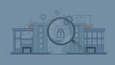 Operational Due Diligence & Unternehmensbewertung bei Tech-M&A | audius Illustration zur Operational Due Diligence und Unternehmensbewertung im Tech-M&A: Ein Vergößerungsglas fokussiert auf ein Schloss-Symbol in einem Gebäude, das für digitale Geschäftsmodelle und Tech-Start-ups steht.