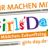 Logo Girls’ Day, Mädchen-Zukunftstag, bunte Schrift auf weißem Hintergrund mit Rahmen.